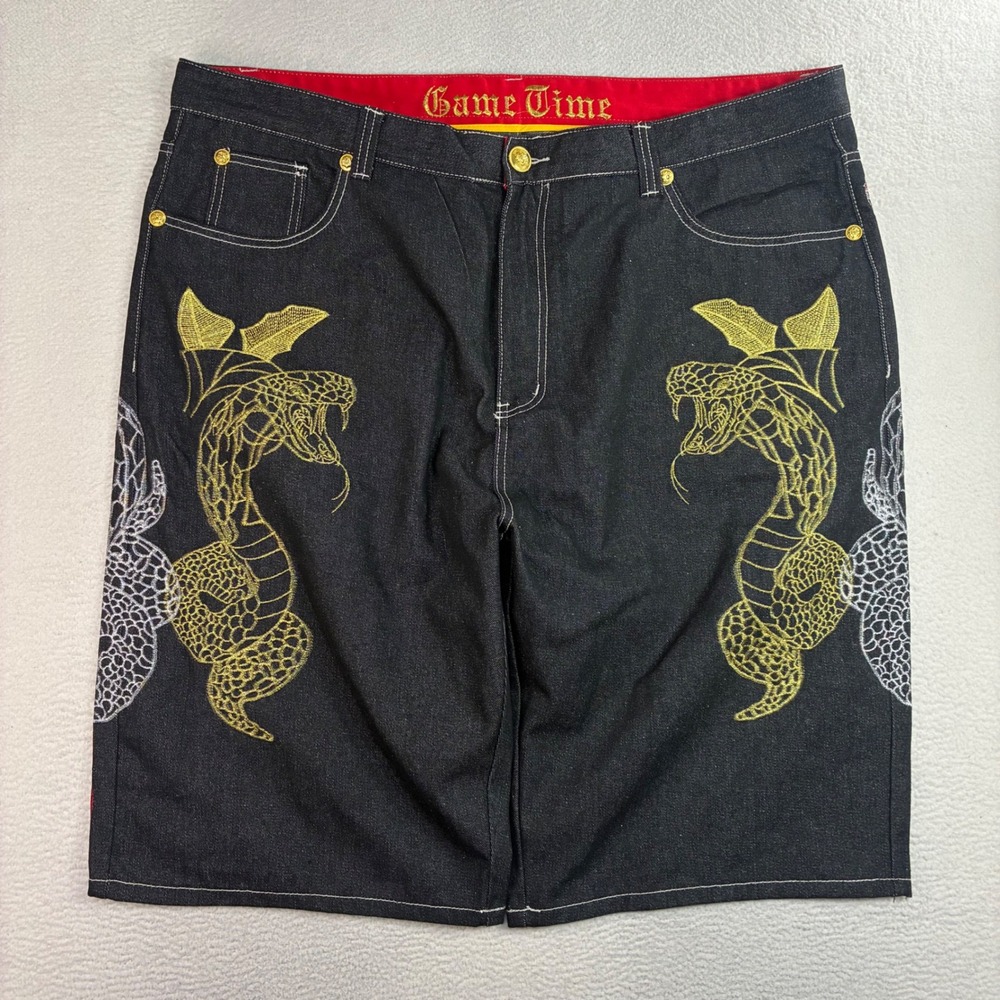 Y2K Game Time Baggy Jorts Men 46x14 Black Embroidered Snake Jean Shorts Denim